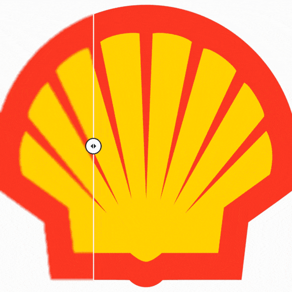 Blurry low resolution logo on the left compared with the sharp print ready logo on the right after resolution enhancement